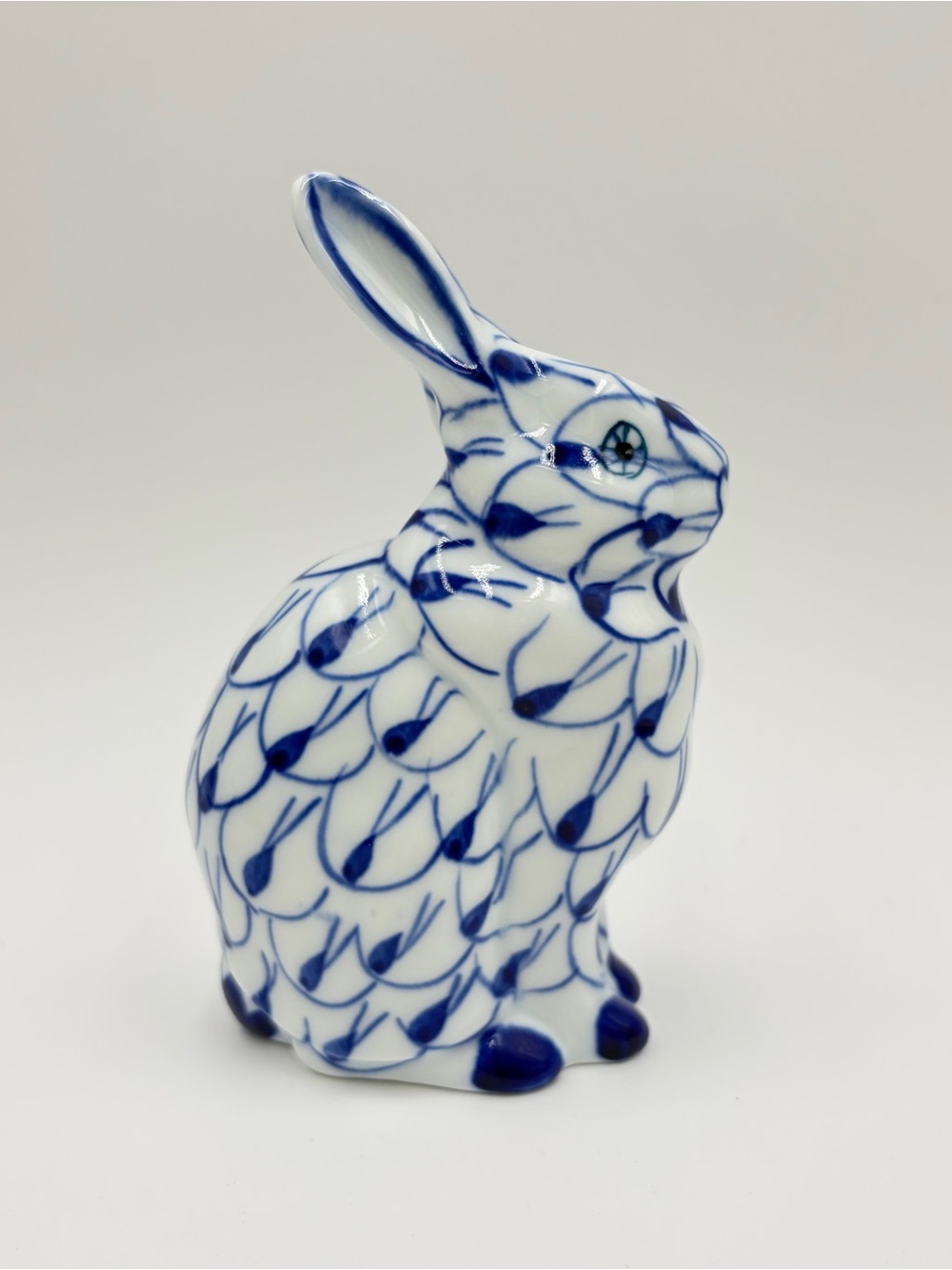 Andrea by Sadek Vintage Blue and White Fishnet Porcelain Bunny Rabbit Figurine